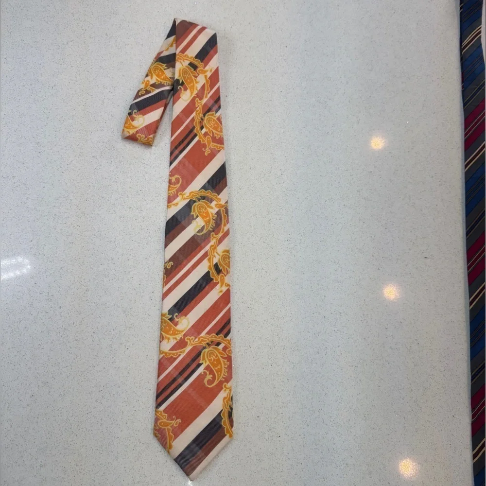 Henri Picard Vintage Classic Orange and Gold Diagonal Striped Paisley XL Tie